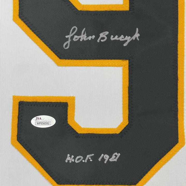 FRAMED Signed JOHNNY JOHN BUCYK 35x39 Boston White Jersey JSA COA