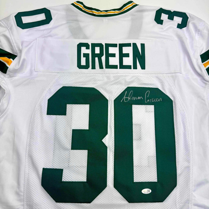 Autographed/Signed Ahman Green Green Bay White Football Jersey JSA COA