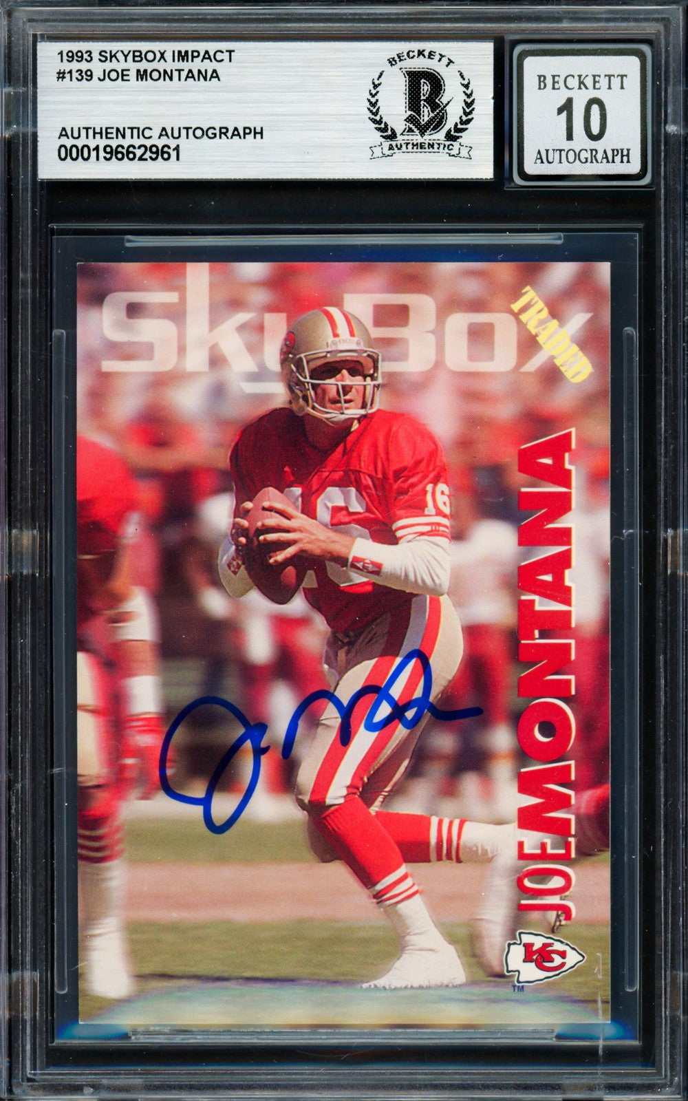 Joe Montana Signed 1993 Skybox Card 139 Kansas City Chiefs Auto GM 10 Beckett