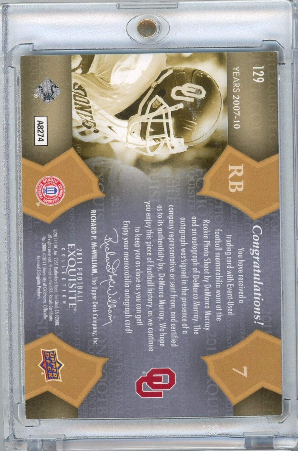 2011 Upper Deck Exquisite Football DeMarco Murray #129 /135 RPA RC Card