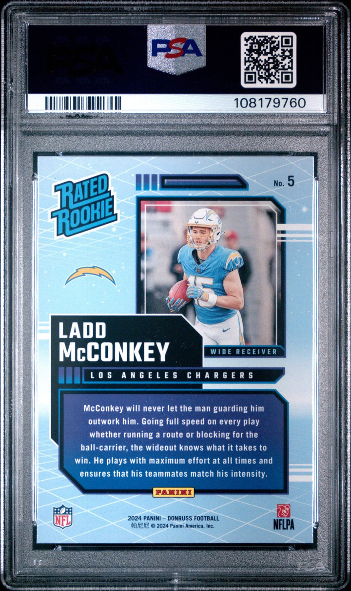 Graded 2024 Donruss Ladd McConkey #5 Rated Rookies Retro Football Card PSA 10