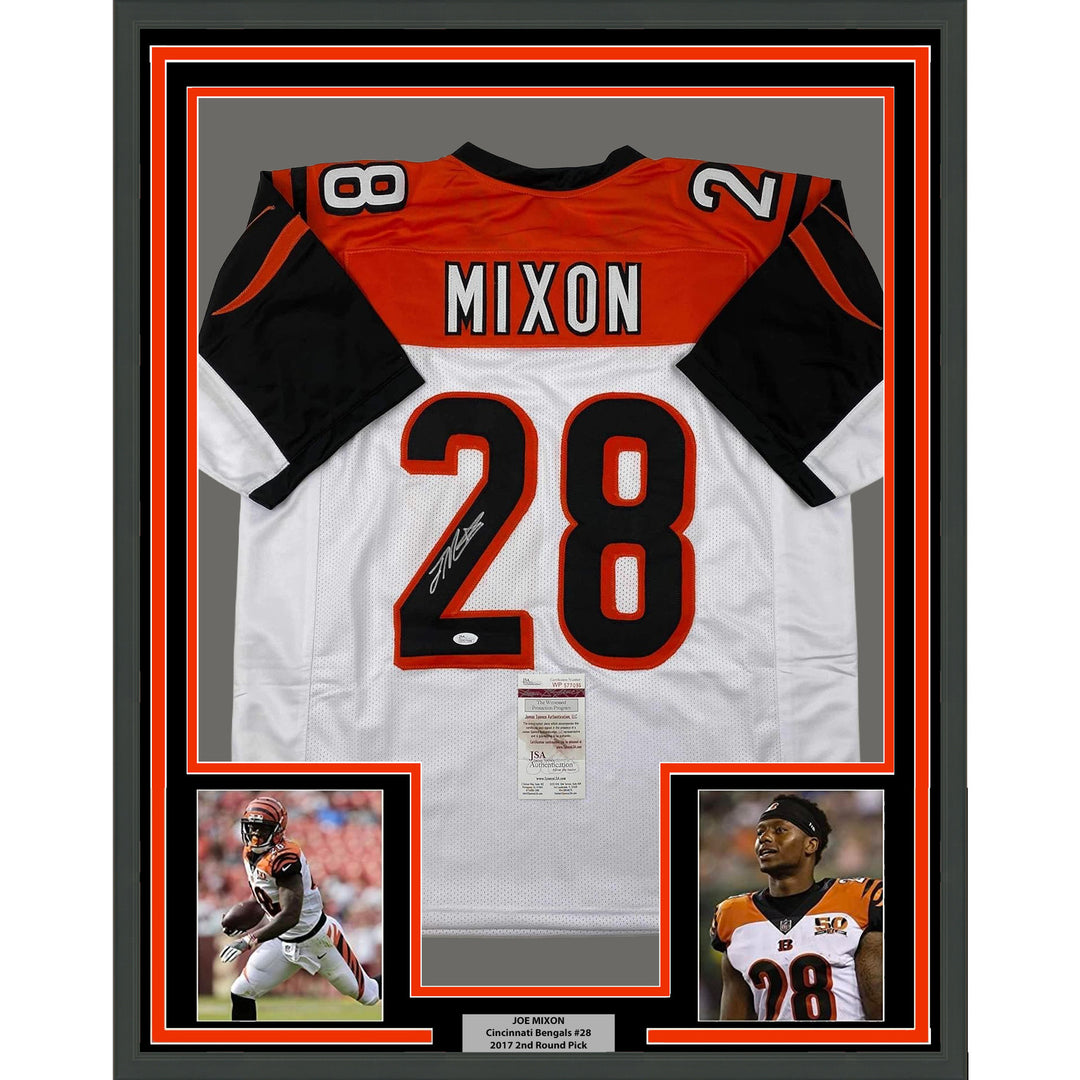 Framed Autographed/Signed Joe Mixon 35x39 Cincinnati White Jersey JSA COA