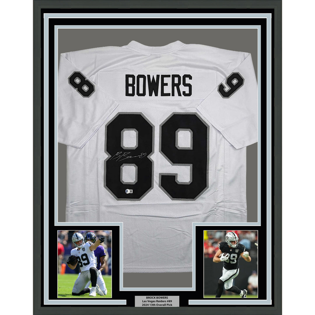 Framed Autographed/Signed Brock Bowers 35x39 Las Vegas White Jersey Beckett COA