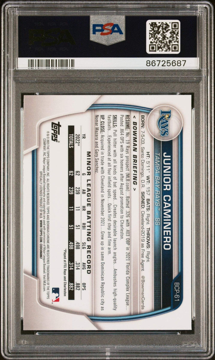 Graded 2023 Bowman CHR M/B Junior Caminero #666 Chrome RC Baseball Card PSA 10