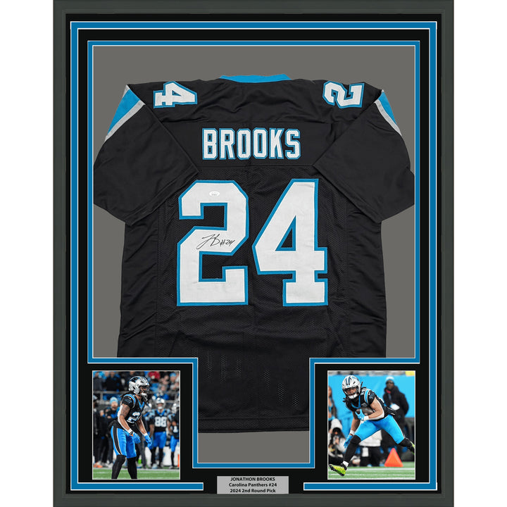Framed Signed Jonathon Brooks 35x39 Carolina Black Football Jersey JSA COA