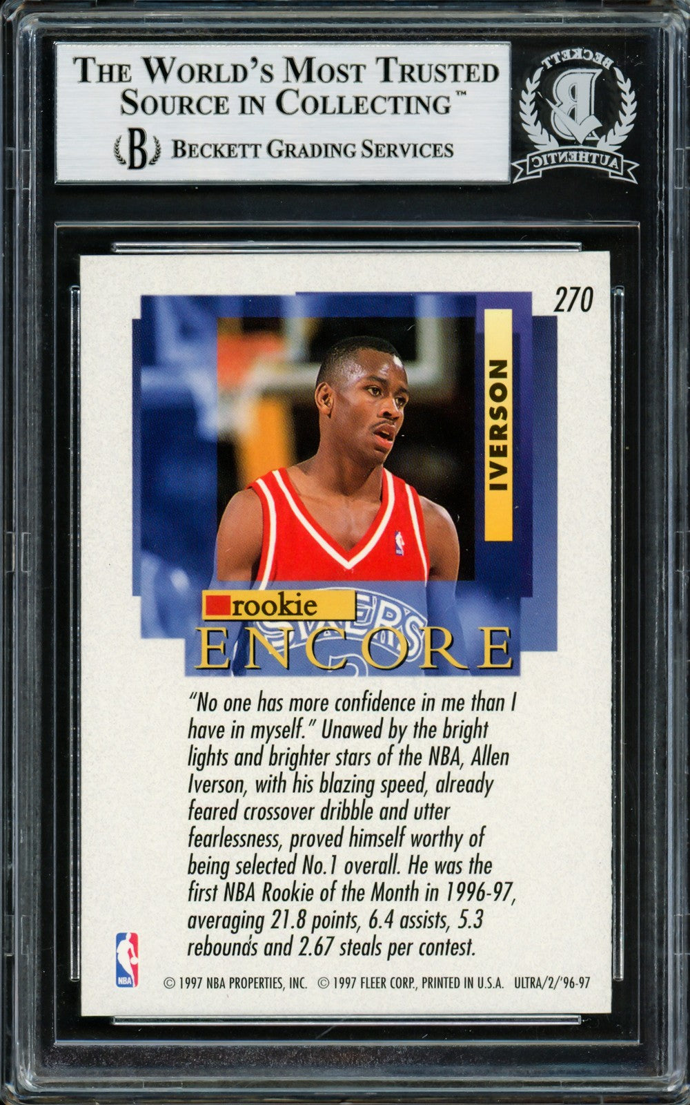 Allen Iverson Signed 1996-97 Fleer Ultra RC 270 76ers Beckett #14133870