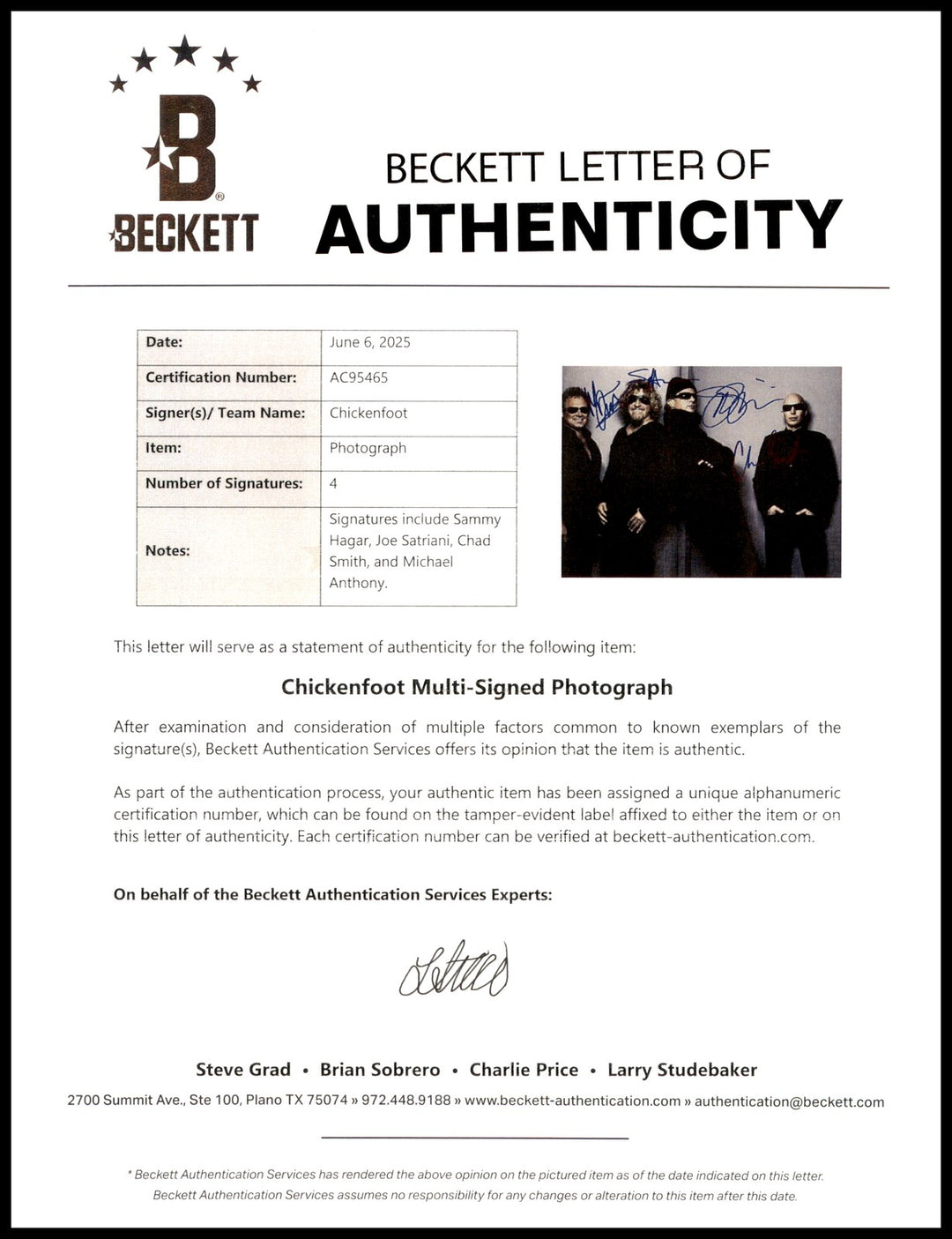 Chickenfoot Signed 11x14 Photo Band Signed By All 4 Sammy Hagar Beckett #AC95465