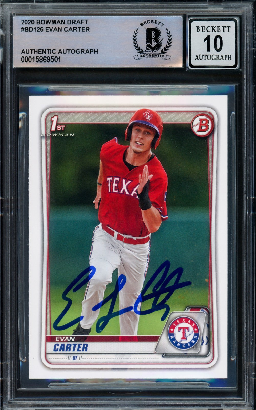 Evan Carter Auto 2020 Bowman Draft RC BD-126 Rangers Auto 10 Full Name Beckett
