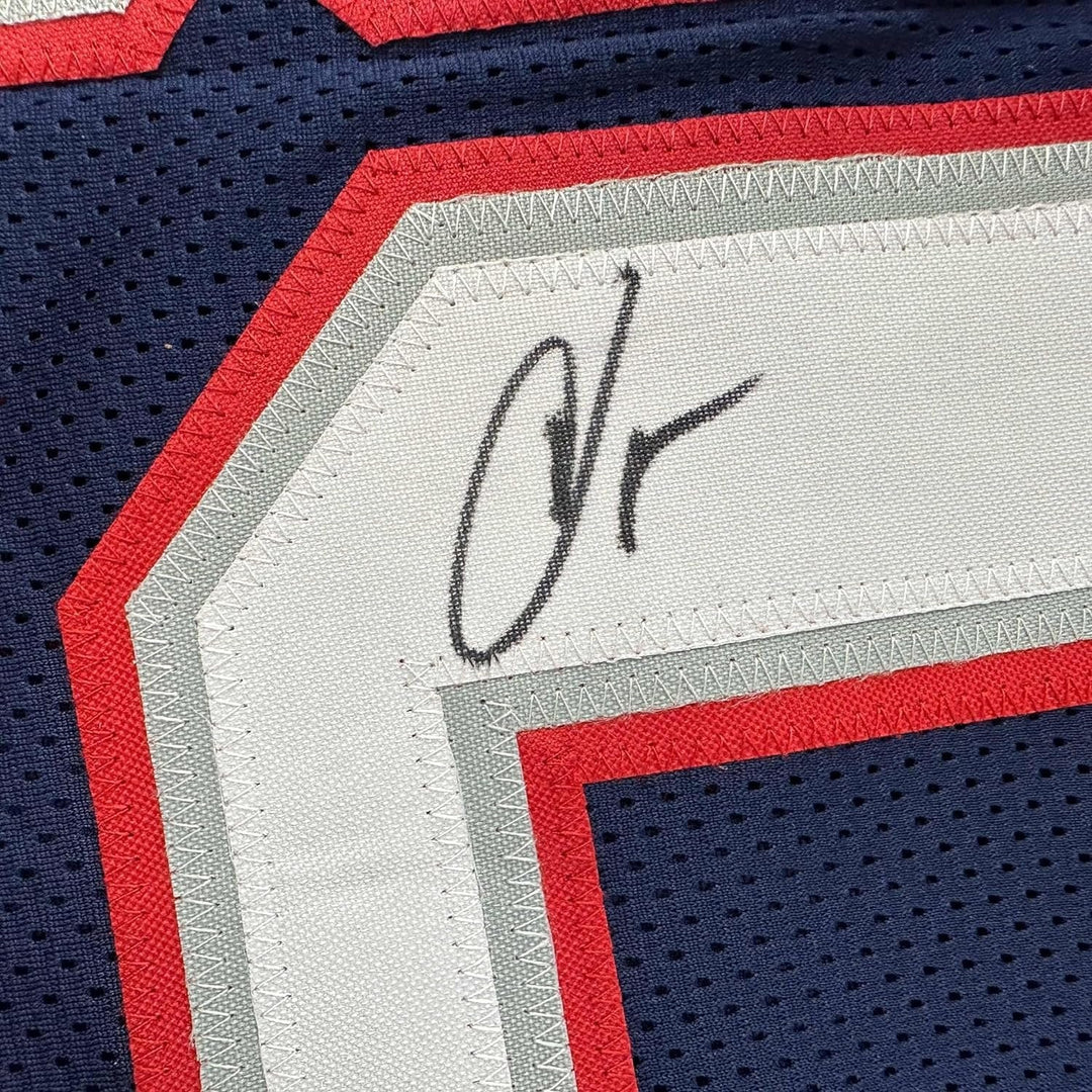 Framed Signed Chad Ochocinco (Johnson) 35x39 Blue Jersey JSA COA
