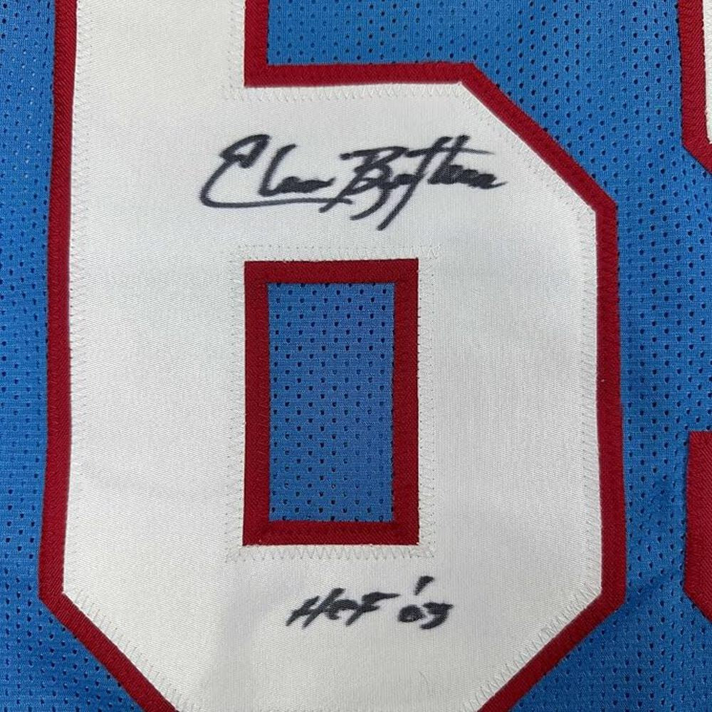 Framed Autographed/Signed Elvin Bethea 35x39 HOF Tennessee Blue Jersey JSA COA
