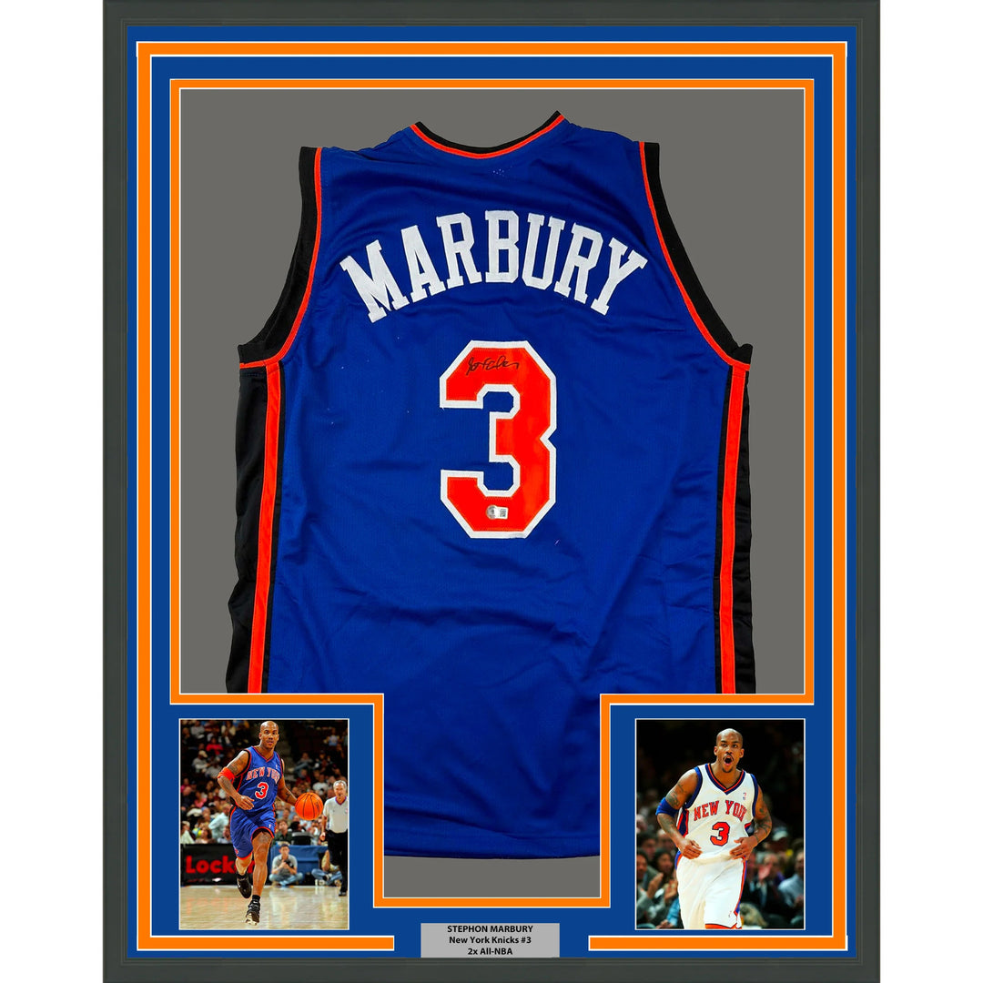 Framed Autographed/Signed Stephon Marbury 33x42 New York Blue Jersey BAS COA