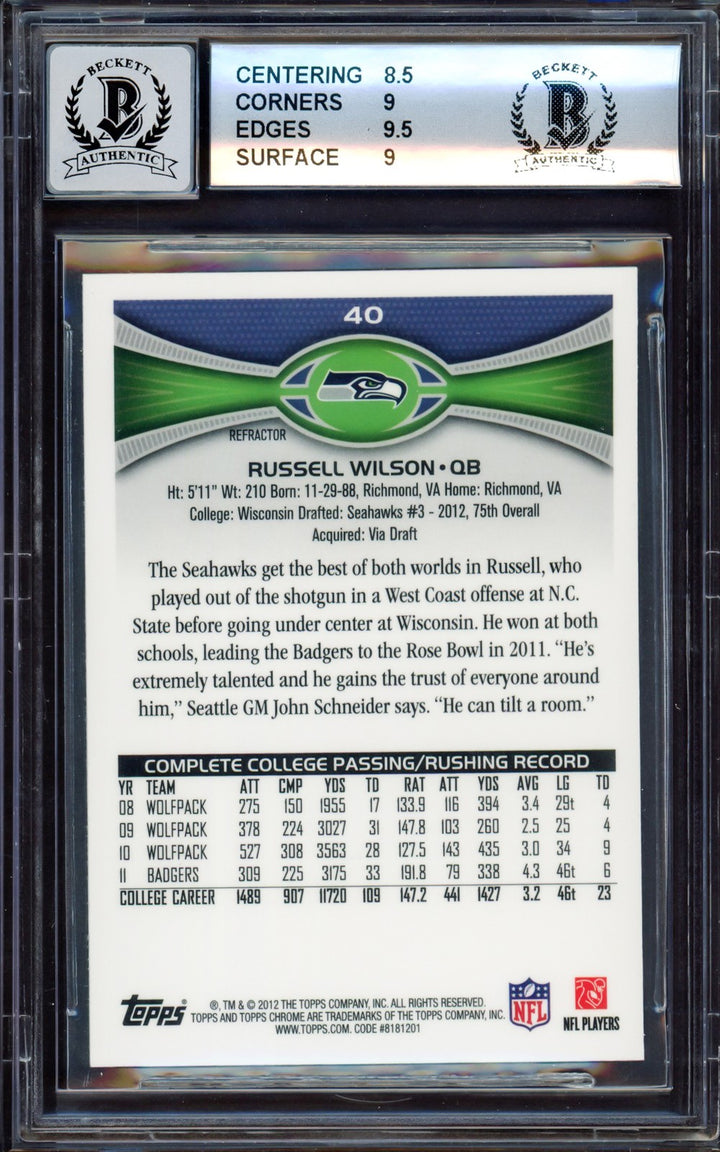 Russell Wilson Signed 2012 Topps Chrome Refractor RC 40 BGS 9 Sig 10 Beckett