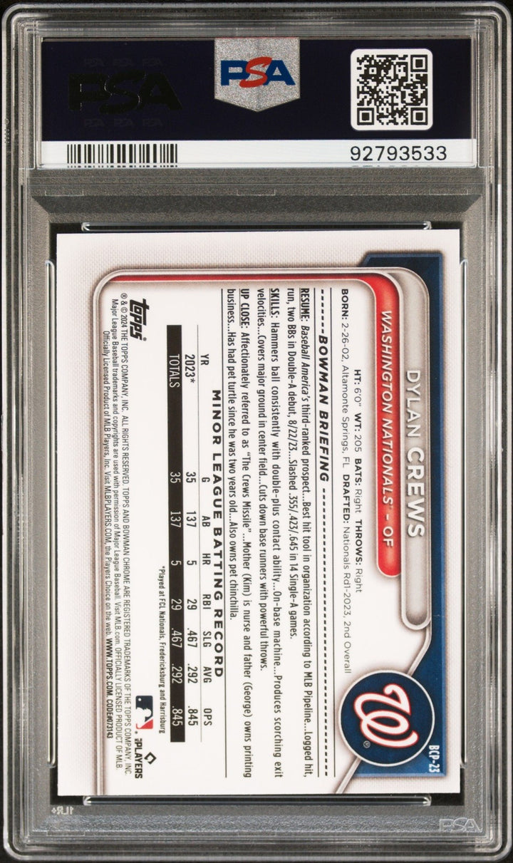 Graded 2024 Bowman Dylan Crews #BCP23 Chrome Prospects RC Card PSA 10