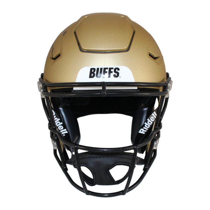 Travis Hunter Autographed Colorado Buffaloes Gold SpeedFlex Helmet Beckett 53372