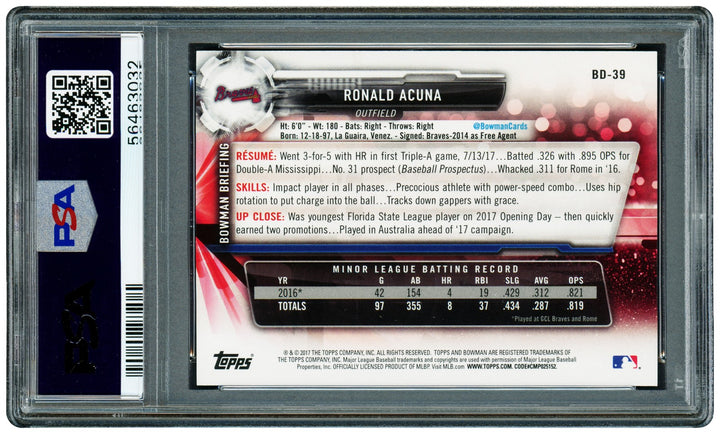 Ronald Acuna Jr. Auto 2017 Bowman Draft RC BD39 Braves PSA 9 Auto GM 10 PSA/DNA