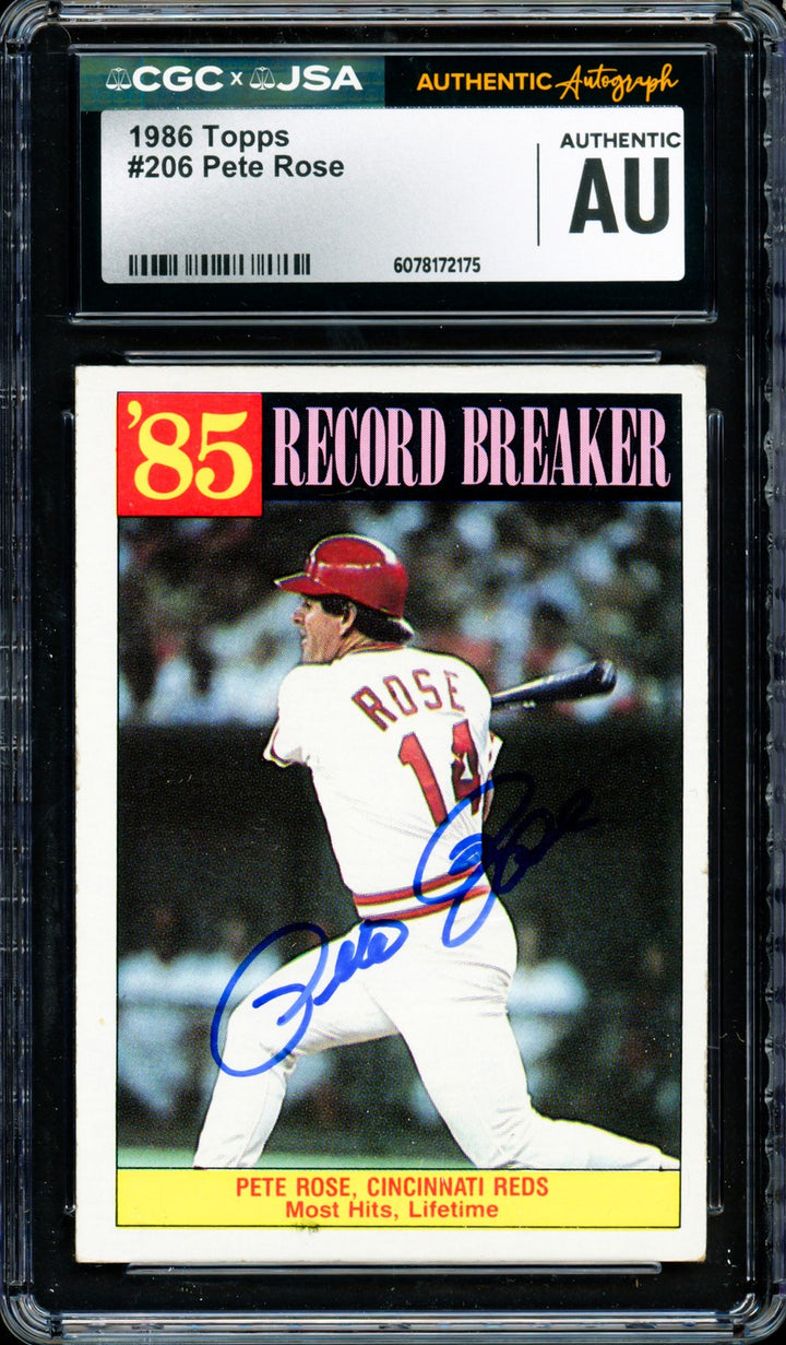 Pete Rose Autographed Signed 1986 Topps Card #206 Cincinnati Reds CGC x JSA