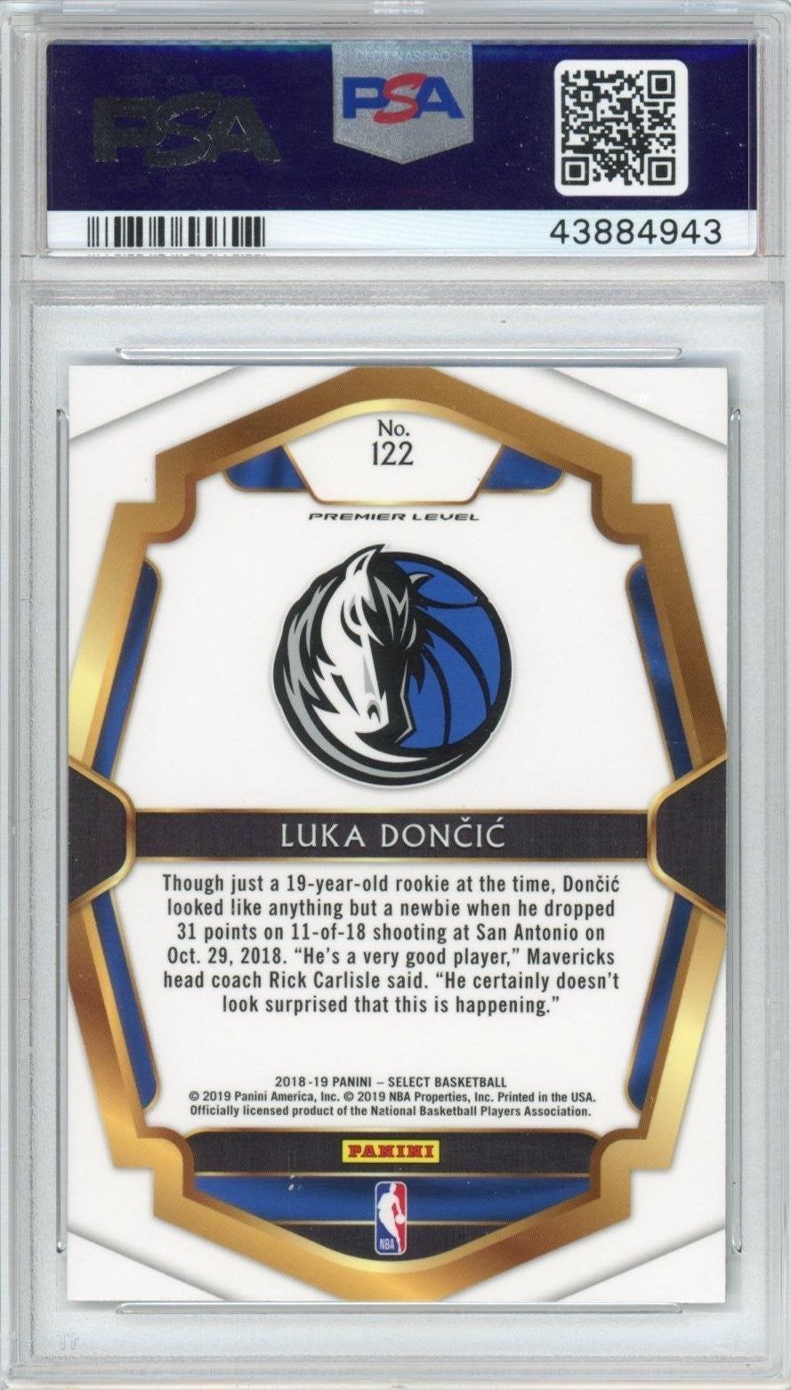 Graded 2018-19 Panini Select Luka Doncic #122 Premier Level RC Basketball