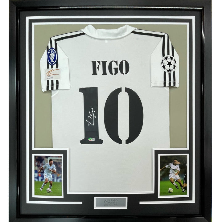 Framed Autographed/Signed Luis Figo 35x39 Real Madrid White Jersey BAS COA