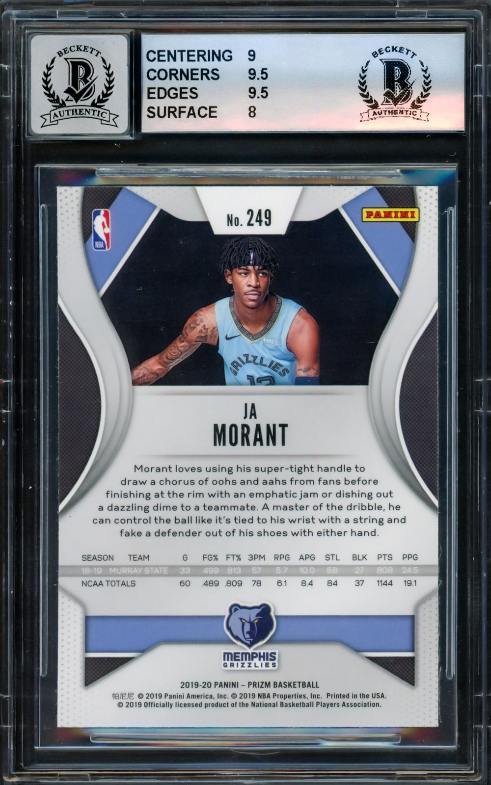 Ja Morant Auto 2019-20 Panini Prizm RC 249 Grizzlies BGS 8.5 Auto Mint 9 Beckett