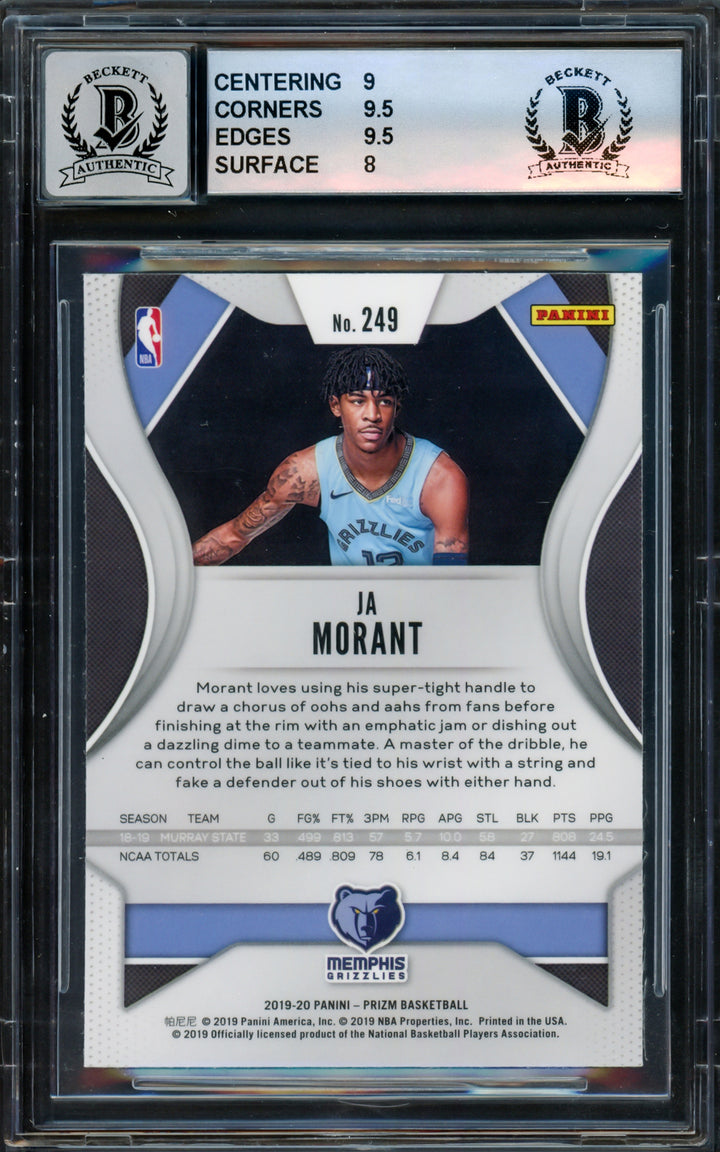 Ja Morant Auto 2019-20 Panini Prizm RC 249 Grizzlies BGS 8.5 Auto Mint 9 Beckett