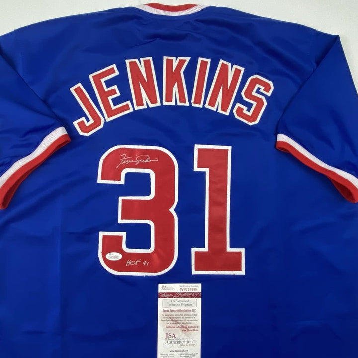 Autographed/Signed FERGIE JENKINS HOF 91 Chicago Blue Jersey JSA COA