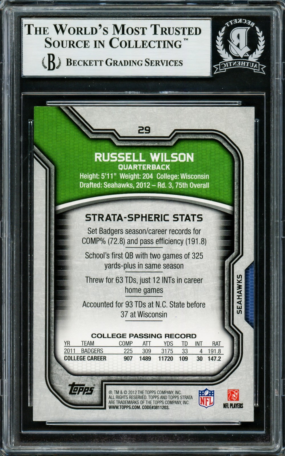 Russell Wilson Signed 2012 Topps Strata Retail RC 29 Seattle Seahawks Beckett