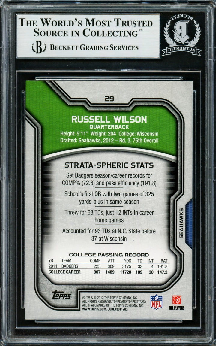Russell Wilson Signed 2012 Topps Strata Retail RC 29 Seattle Seahawks Beckett
