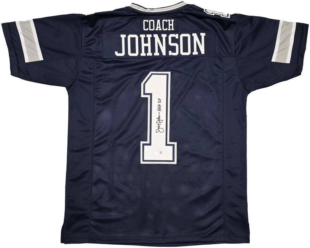 Dallas Cowboys Jimmy Johnson Signed Blue Jersey "HOF 20" Beckett Witness