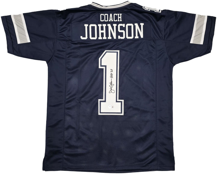 Dallas Cowboys Jimmy Johnson Signed Blue Jersey "HOF 20" Beckett Witness