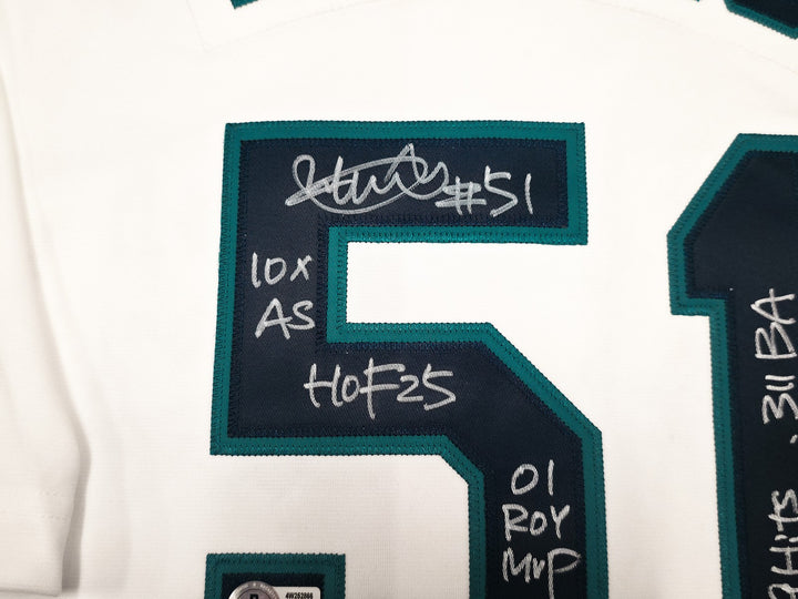 Mariners Ichiro Suzuki Auto White M&N Cooperstown 2001 Rookie Jersey 52 7 Stats
