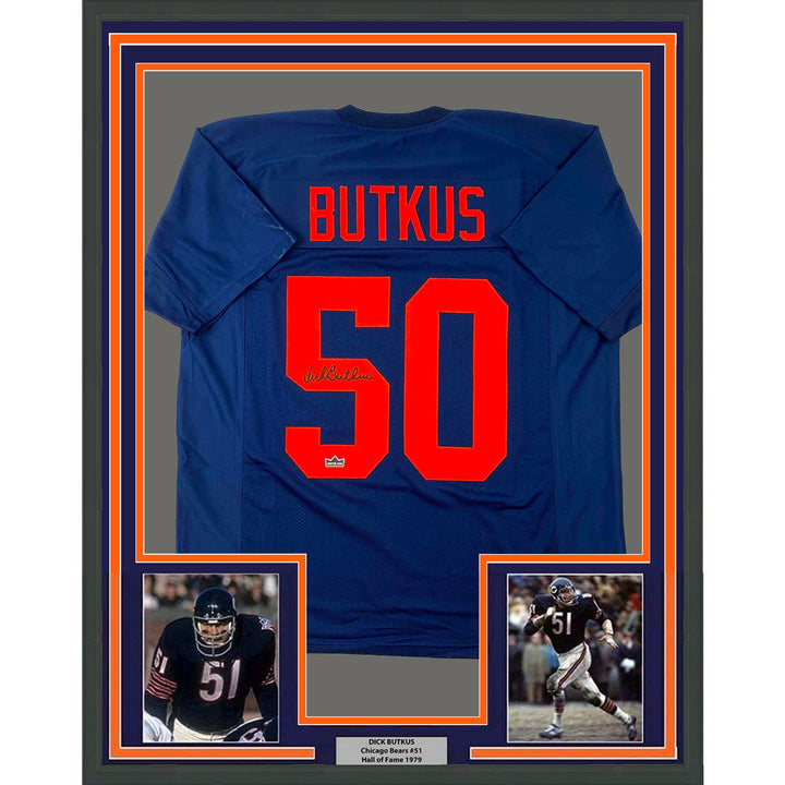 Framed Facsimile Autographed Dick Butkus 33x42 Blue Reprint Laser Auto Jersey