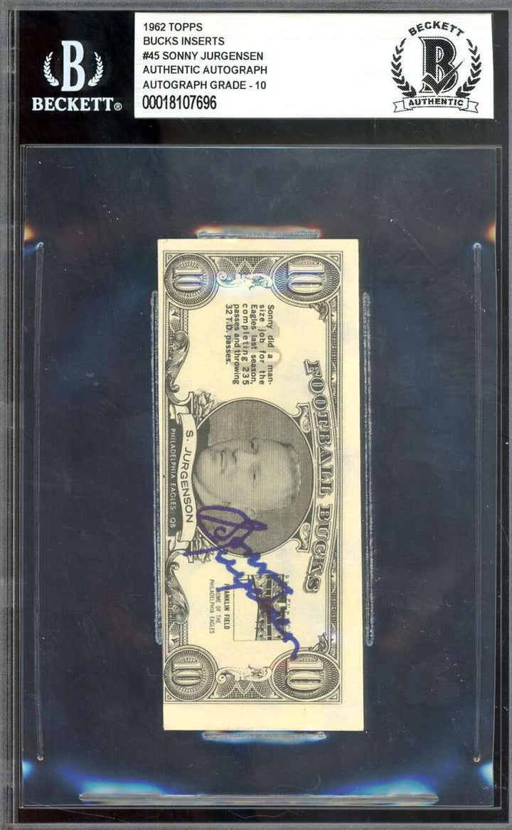 Sonny Jurgensen Gem Mint 10 Beckett BAS Signed 1962 Topps Bucks Inserts Autograp