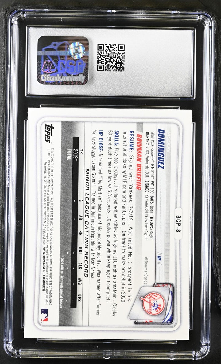 Jasson Dominguez 2020 Bowman Chrome Prospects Rookie Card-CSG Graded 10 Gem Mint