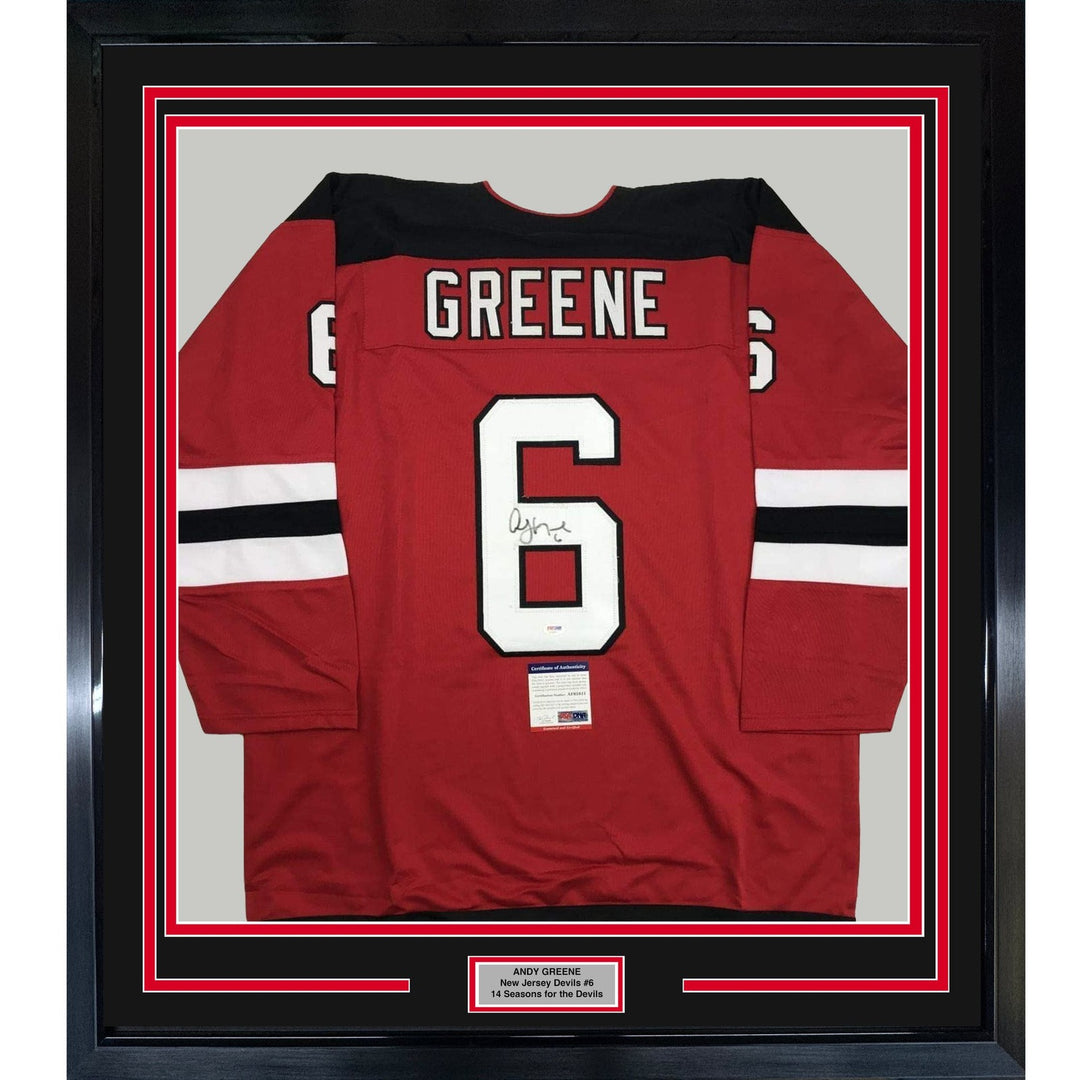 FRAMED Autographed/Signed ANDY GREENE 33x42 New Jersey Red Jersey PSA COA