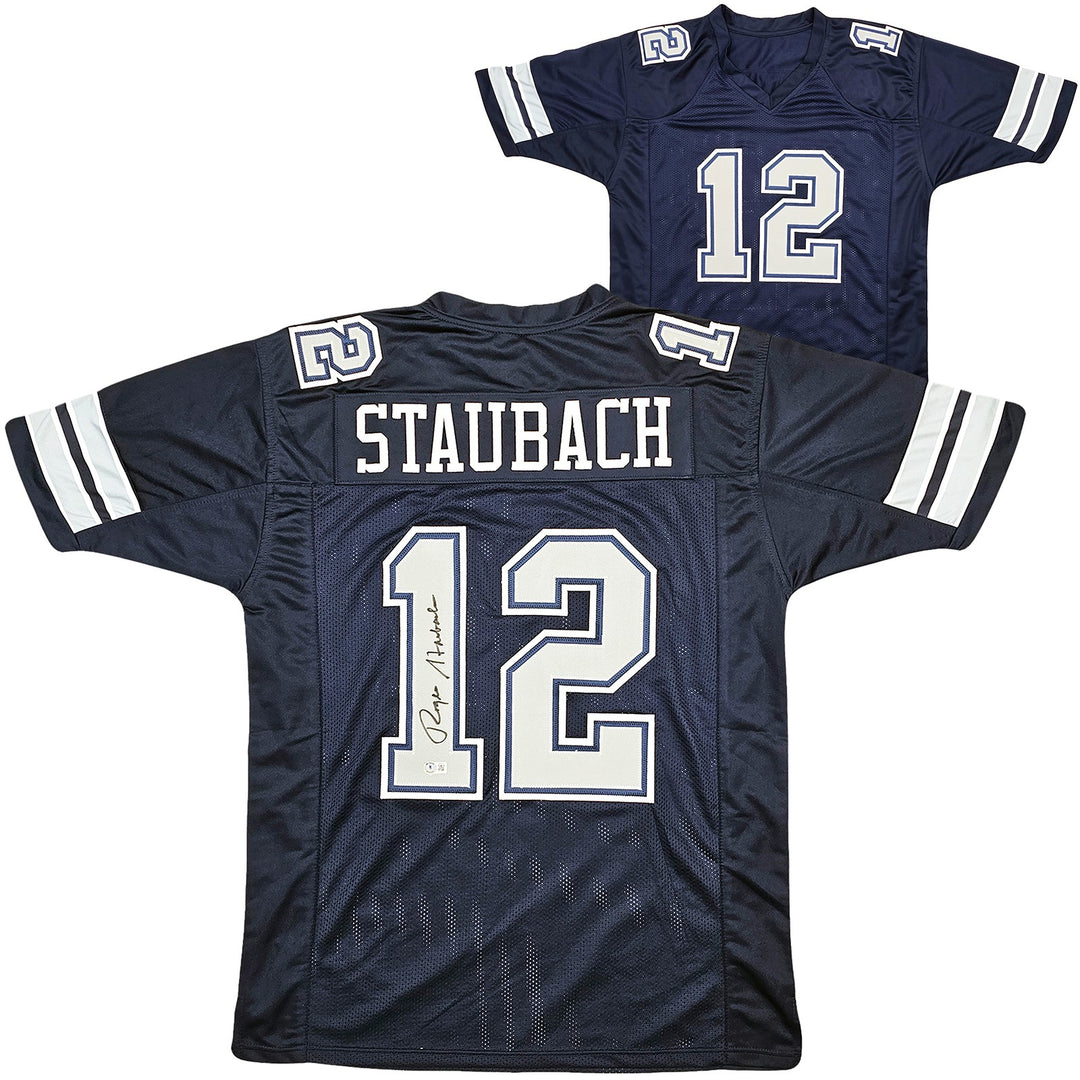 Dallas Cowboys Roger Staubach Signed Navy Blue Jersey Beckett Wit