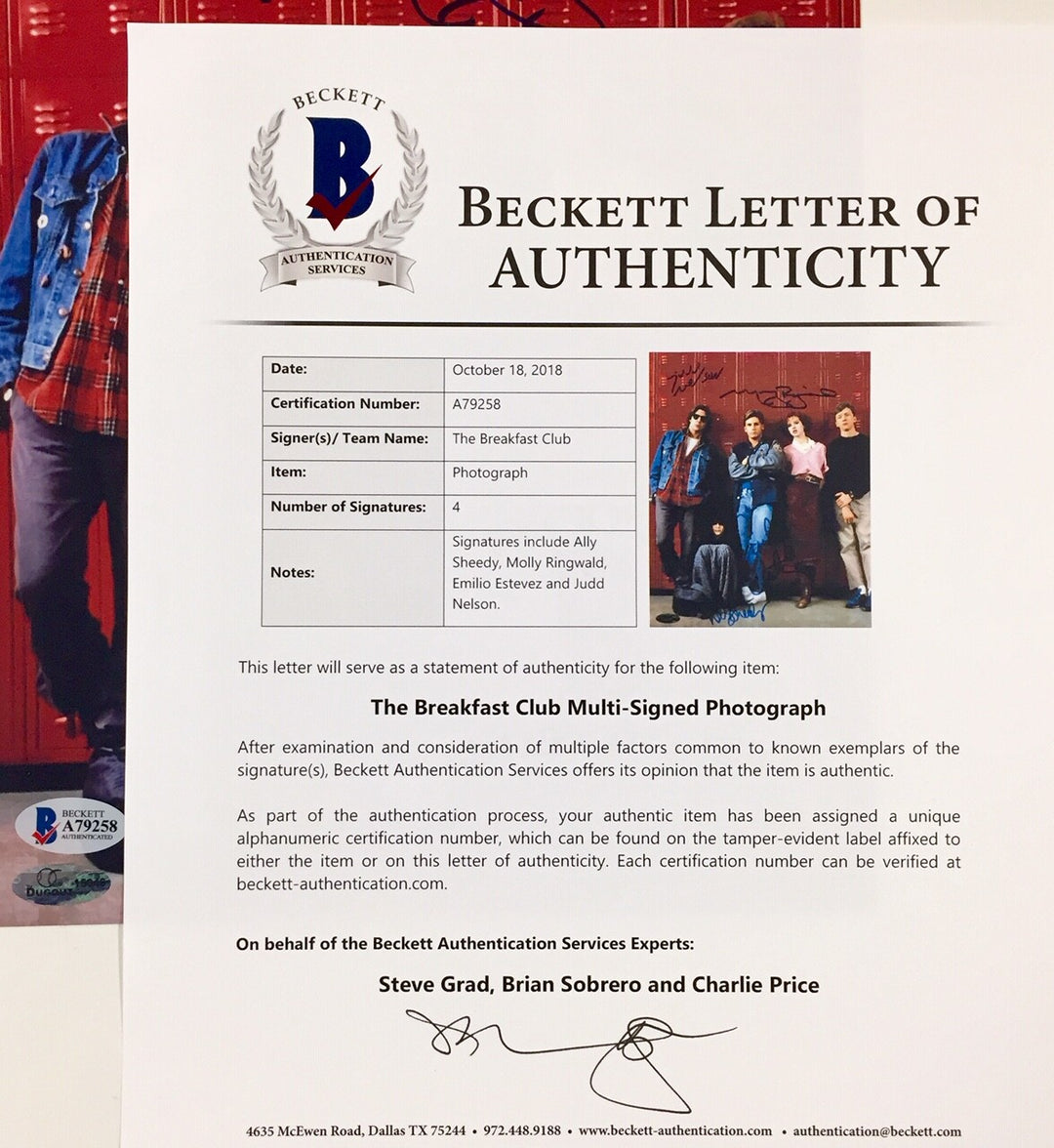 Breakfast Club cast signed 8x10 Photo BAS COA LOA Ringwald~Sheedy~Estevez~Nelson