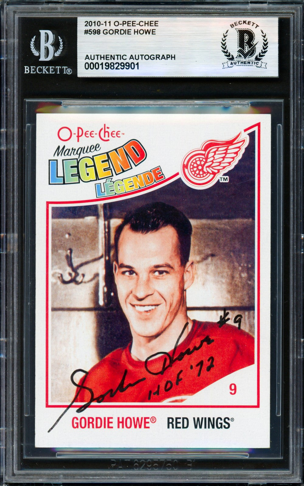 Gordie Howe Auto 2010-11 O Pee Chee Marquee Card #598 Red Wings "HOF 72" Beckett