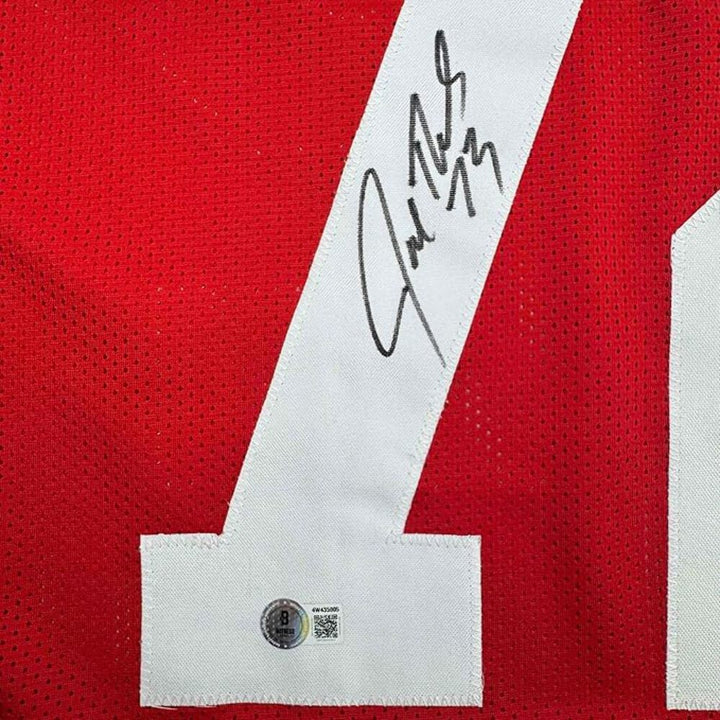 Framed Autographed/Signed Joe Thomas 35x39 Wisconsin Red Jersey Beckett BAS COA
