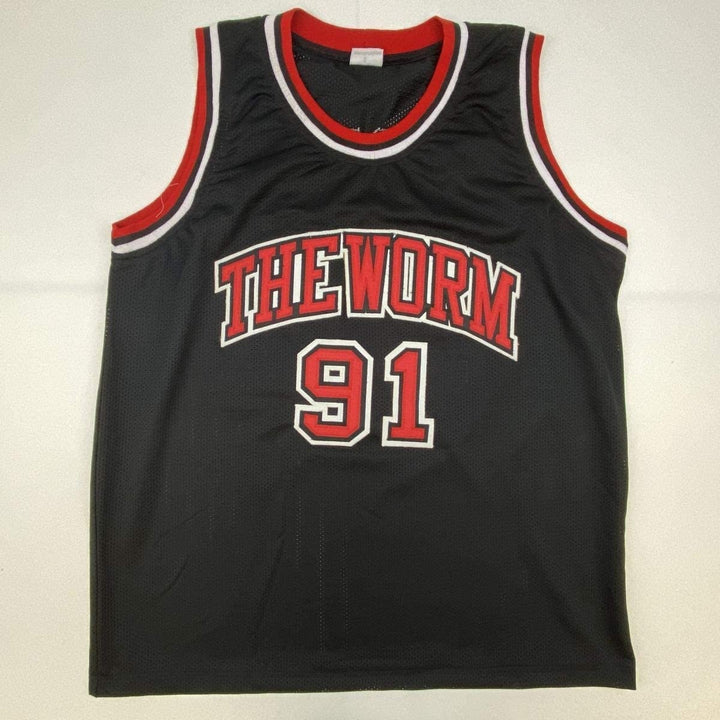 Autographed/Signed DENNIS RODMAN Chicago Black Jersey JSA COA Auto