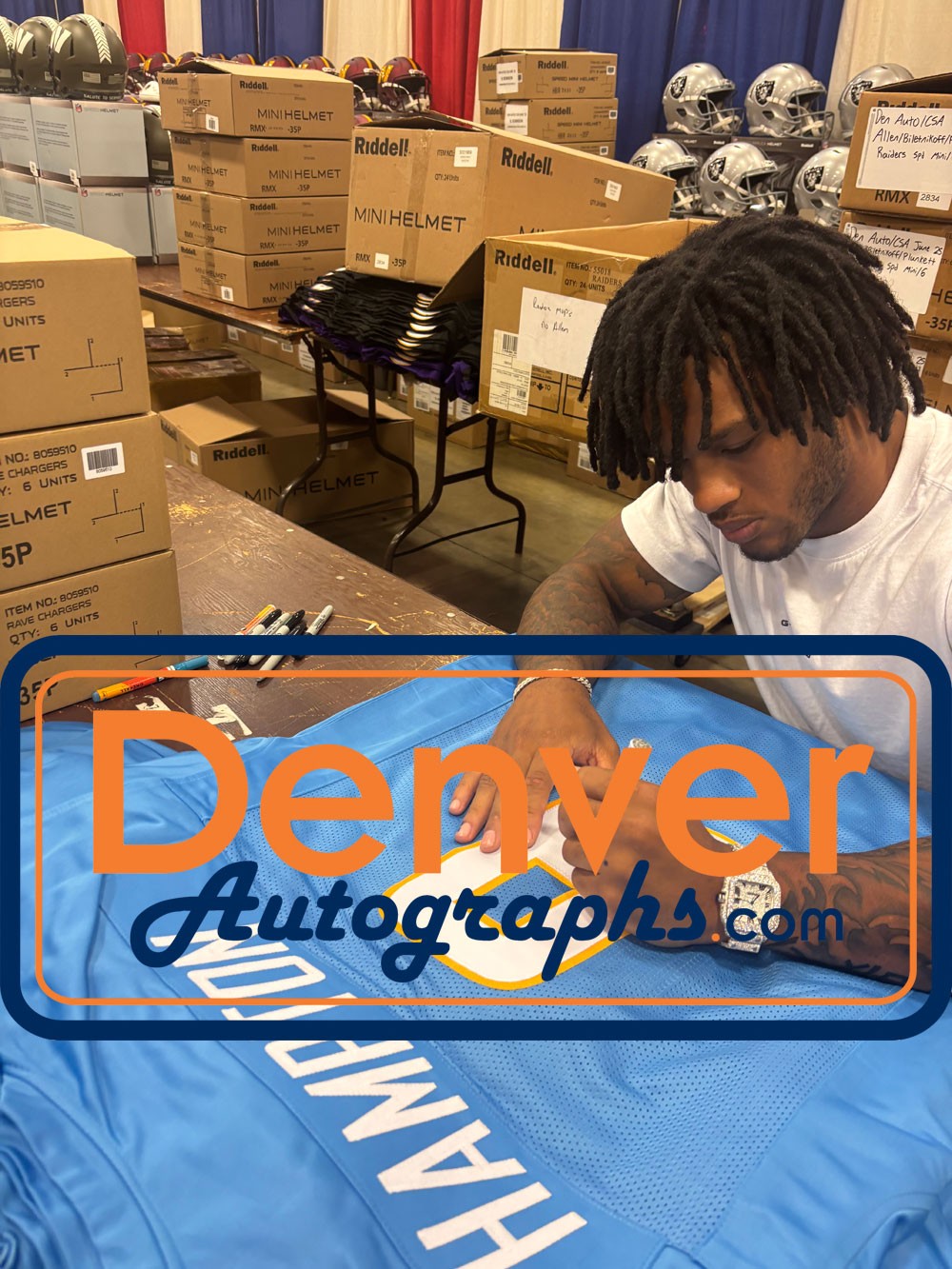 Omarion Hampton Autographed Pro Style Blue Sz XL Jersey Beckett Witness 51631