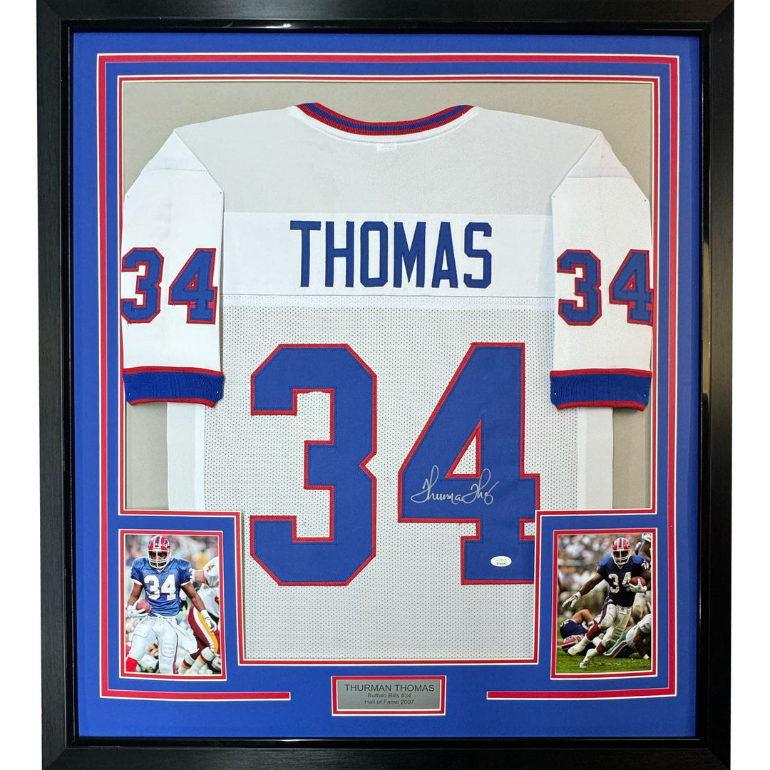FRAMED Autographed/Signed THURMAN THOMAS 33x42 Buffalo White Jersey JSA COA