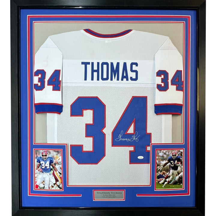 FRAMED Autographed/Signed THURMAN THOMAS 33x42 Buffalo White Jersey JSA COA