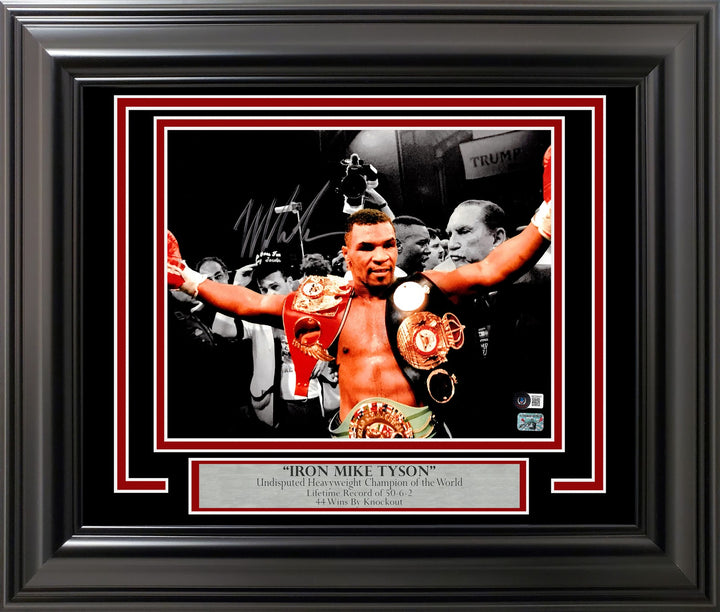 Mike Tyson Signed Framed 11x14 Photo With Belts BAS QR