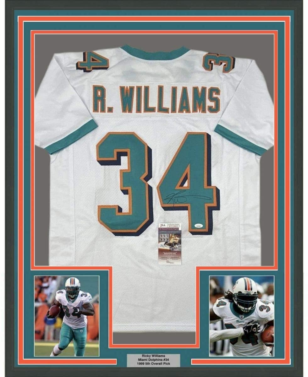 Framed Autographed/Signed Ricky Williams 35x39 Miami White Jersey JSA COA