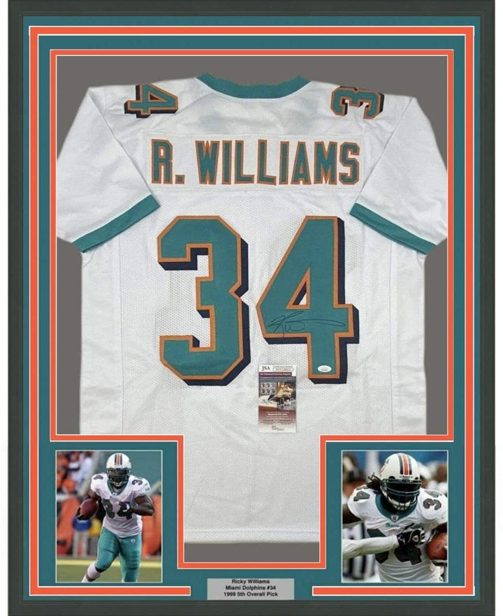 Framed Autographed/Signed Ricky Williams 35x39 Miami White Jersey JSA COA