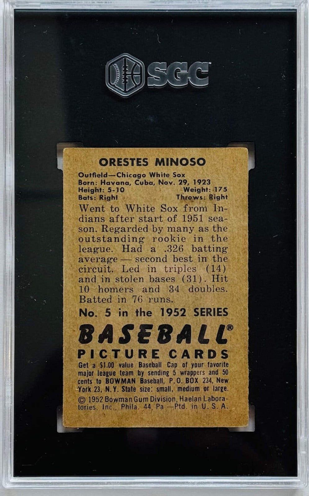 Orestes Minoso 1952 Bowman #5 Card SGC 5