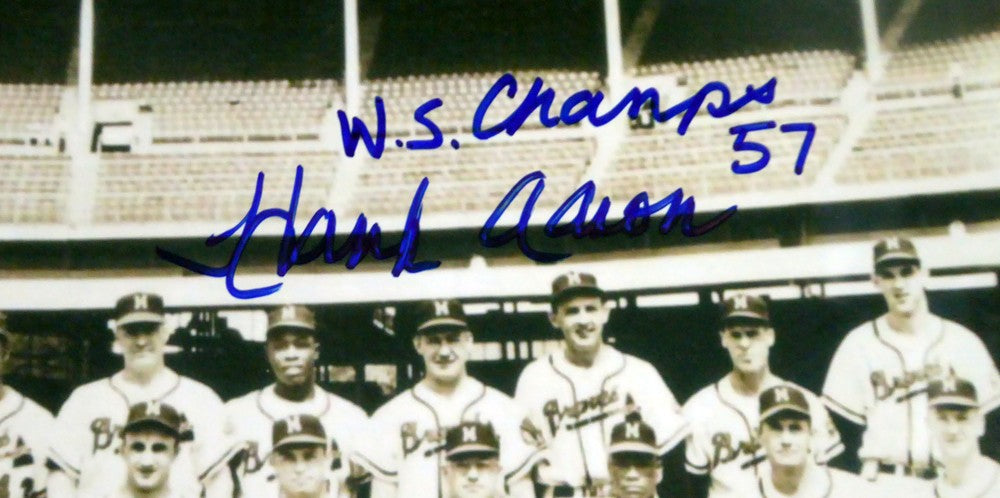 Hank Aaron Autographed Signed 11x14 Photo Milwaukee Braves "WS Champs 57" JSA