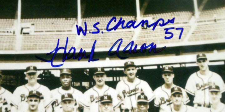 Hank Aaron Autographed Signed 11x14 Photo Milwaukee Braves "WS Champs 57" JSA