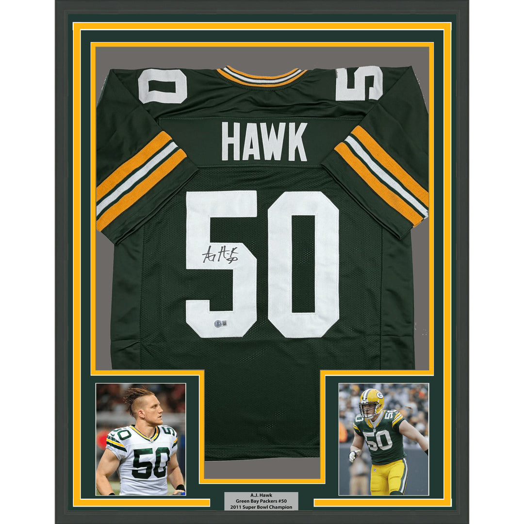 Framed Autographed/Signed AJ Hawk 35x39 Green Bay Green Jersey Beckett COA