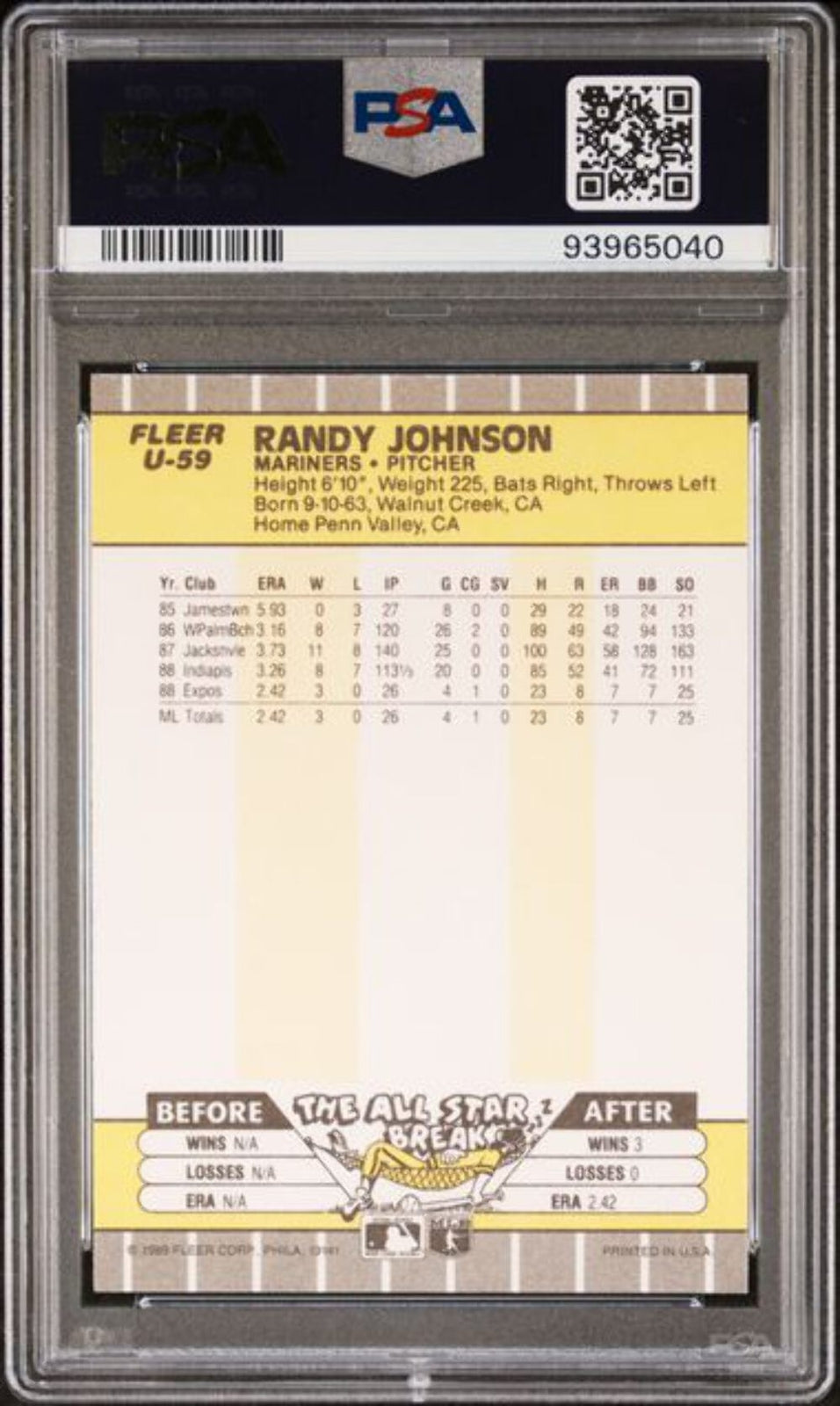 Graded 1989 Fleer Update Randy Johnson #U-59 Rookie RC Baseball Card PSA 10